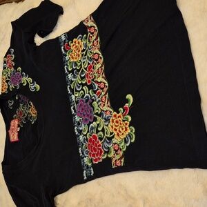 Johnny Was Black Long Sleeve Tee with Multicolor Floral Embroidery